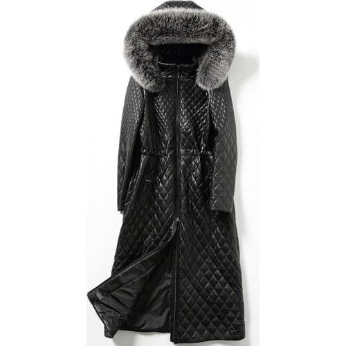 Long Genuine Leather Jacket Women Autumn Winter Sheepskin Coat Female Fox Fur Collar Quilted Warm Parka Macaw KJ742