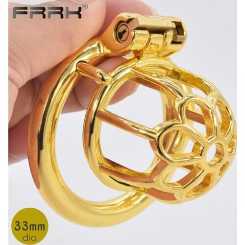 FRRK Gold Cock Cage Male Chastity Belt Device Metal Penis Ring BDSM Sex Toys Adult Game Naughty Boy Fantasty Bondage Lock