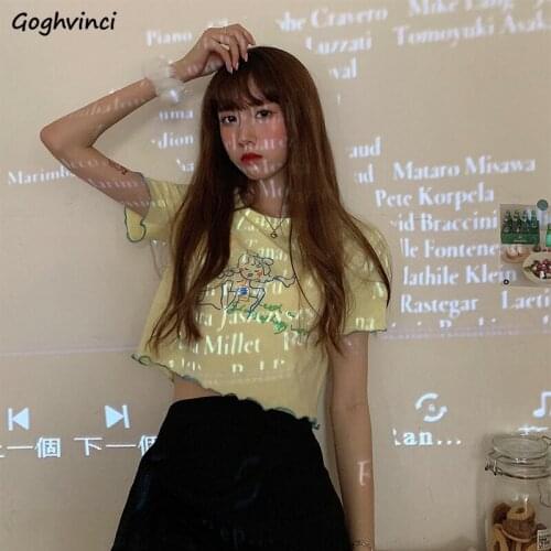 T-shirts Women Yellow Crop Short Sleeve Cartoon Korean Style Sexy Tops Sweet Girls Simple Students Casual Loose Slim Trendy New
