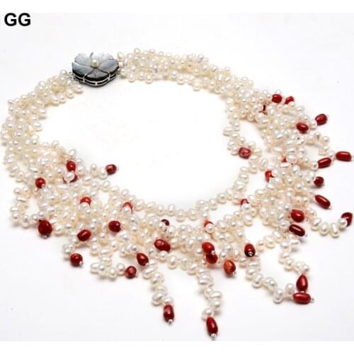 GG Jewelry 19" 4 Rows Natural White Rice Pearl Red Coral Freedom Nugget Necklace For Women