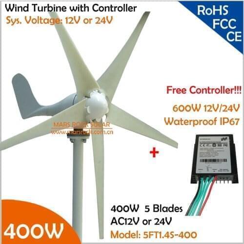 Hot Sale!!! 12V/24V AC 1.4m wheel diameter 5 blades 400W Wind Turbine Generator with free 600W Controller Wind Generator Kit