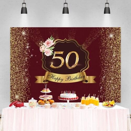 Laeacco Celebration 50th Birthday Backdrops Glitters Flowers Scarlet Party For Elder Custom Photography Backgrounds Photozone