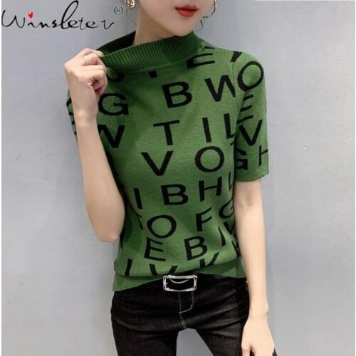 Summer European Clothes Knit T-Shirt Fashion Sexy Letter Women Tops Short Sleeve Mock Neck Bottoming Shirt Tees New 2021 T13410A