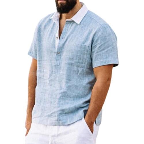 Men Shirt Short Sleeve Turn-down Collar Sweat Absorbing Male Shirts Patchwork Buttons Closure Casual Slim Pullover Shirt