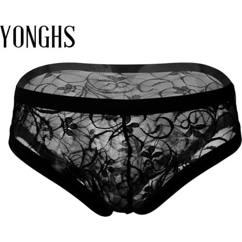 Mens Lingerie Briefs Panties Floral Lace Briefs Low Waist Elasitc Waistband Erotic Sexy Underwear See-through Mesh Underpants