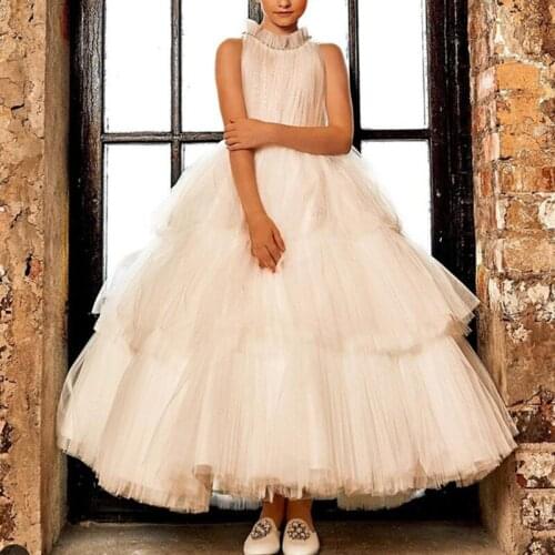 Charming Flower Girl Dresses for Wedding with Pearls High Neck Tulle Primera Tiered Communion vestidos de comunion