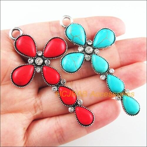 2Pcs Retro Tibetan Silver Tone Cross Teardrop Blue&Red Stone Charms Pendants 38x70mm