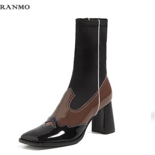 Spring and autumn square toe thick heel stretch boots fashion all-match boots womens boots high heels cowhide boots womens shoes