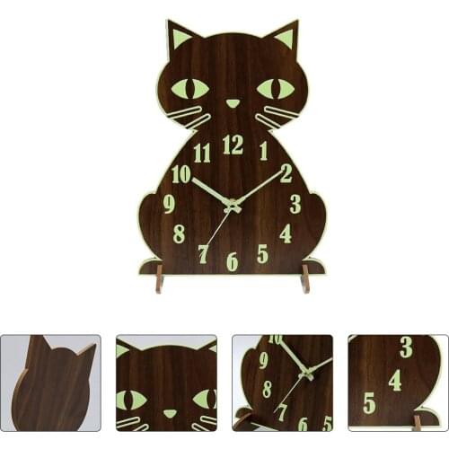 Creative Cartoon Silent Wooden Cat Shape Wall Clock Luminous Clock Clock