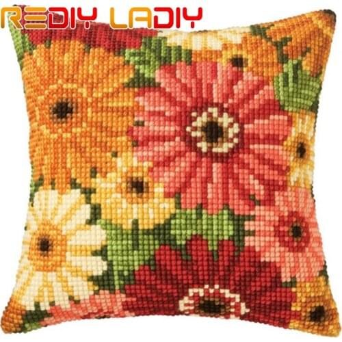 Cross Stitch Cushion Pink Dahlias Make Your Own Pillow DIY Chunky Cross Stitch Kit Pre-Printed Canvas Acrylic Yarn Pillow Case