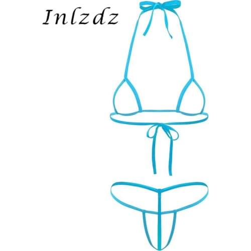 Womens Erotic Micro Hollow Out Bikini Lingerie Set Halter Neck Self-tie Bra Top with G-String Briefs Sexy Bikini Underwear Set