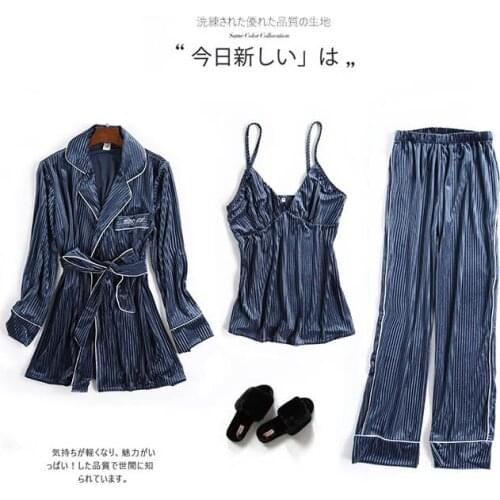 Female 3 pieces pajamas set Japanese style gold velvet sexy sleepwear long sleeve and pants pajamas winter home Clothes pyjama