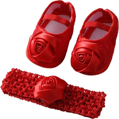 2PCS 0-18M Baywell Autumn Flower Princess Shoes For Baby Girls Satin ClothToddler Soft Sole Walking Shoes Headband Set