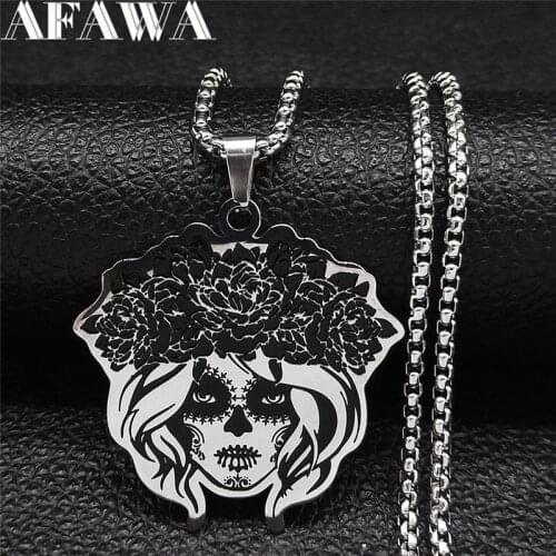 2021 Mexican Female Skull Stainless Steel Chain Necklace for Women/Men Silver Color Necklaces Jewelry collar mujer N4519S02