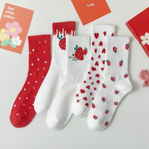 2021 New Designer Kawaii Loving Heart Strawberry Socks for Women Spring Autumn Korean Style Woman Socks Cotton 6802
