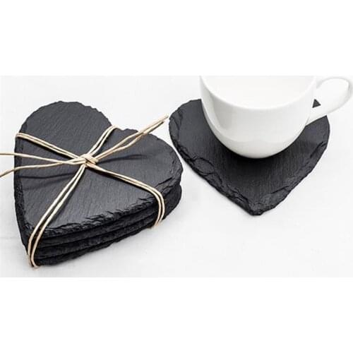4pcs Heart Slate Coasters Cup Mats Creative Placemats for Drinks Beverages Wine Glasses (Black)