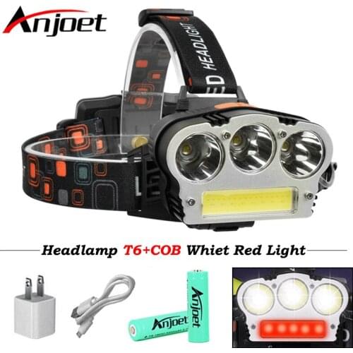 Anjoet USB Rechargeable 20000lums LED Headlamp 3*CREE XML-T6 COB Head Lamp Waterproof Outdoor Lighting Headlight 2*18650 battery