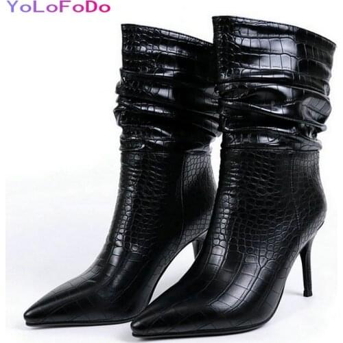 Plus Size 34-43 Women Ankle Boots Faux Leather Thin High Heel Shoes Fashion Pleated Pointed Toe Womens Boots Autumn Winter Shoe