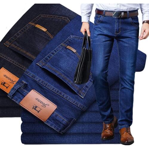 Summer 2021 New Mens Loose Straight-leg Slim-fit Jeans Business Fashion Denim Trousers Stretch Brand Pants Black Blue