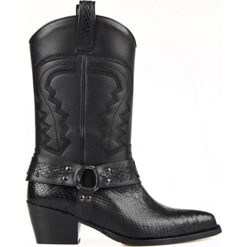 FootCourt- Black Genuine Leather Classic Cowboy Boots For Women Snake Printed Real Leathers Buckle Mid Calf Pointed Toe Handmade