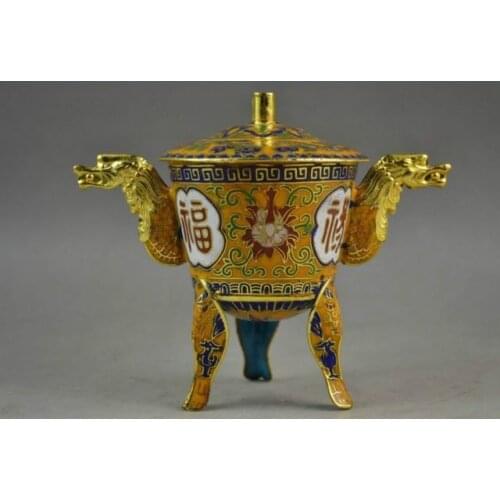China Cloisonne Carving Flower & Dragon Head Shape Ears Rare Incense Burner