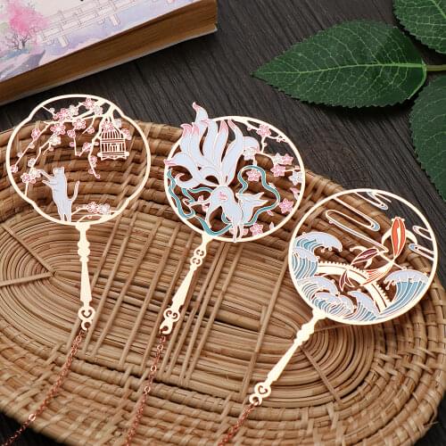 Retro Chinese Style Group Fan Shape Brass Bookmark Koi Peacock Metal Tassel Pendant Pagination Mark Book Clip Stationery Supply