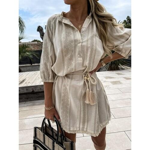 Fashionable Summer Womens Embroidered Stitching Tassel Drawstring Waist Dress Casual Single Breasted V-neck Half Sleeve Dress