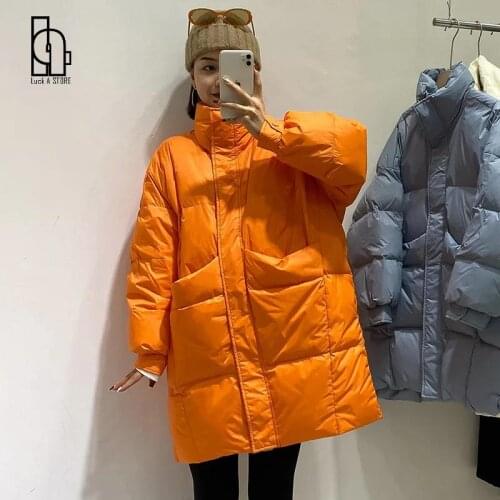 Luck A 2021 Winter Women Solid 90% White Duck Down Coats Female Casual Pocket Warm Outerwears Stand Collar Solid Down Jacket