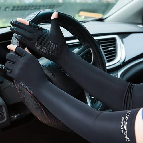 Unisex UV Protection Arm Sleeves Summer Letter Print Cooling Ice Silk Arm Cover with Exposed Fingers Stretchy Cycle Arm Sleeves