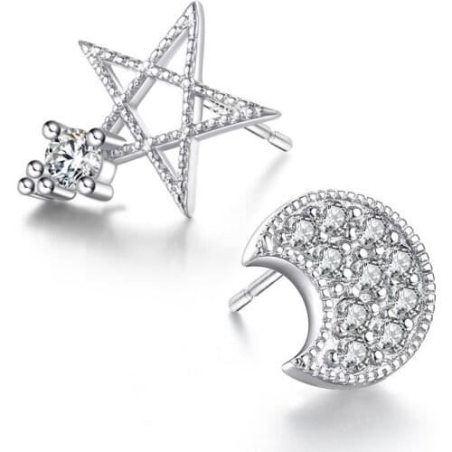 Japan and South Korea Asymmetrical Star Moon Full of Diamond Earrings Temperament Set Diamond Moon Earrings Asymmetric