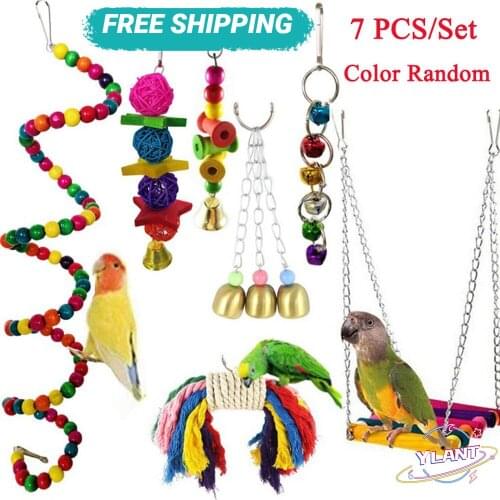 YLANT Cute 7PCS/Set Parrot Birds Toy Kit Swing Hanging Bells Wooden Bridge Accessories Bird Toy Standing Training Pet Tool