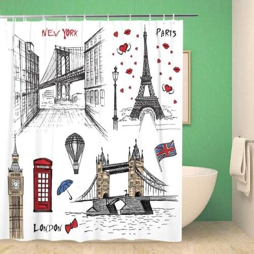 Bathroom Shower Curtain Hand Paris London and New York Drawings Vintage City Polyester Fabric