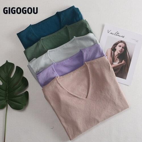 GIGOGOU V Neck Solid Basic Women T Shirt Black White Casual Tshirt Sexy Women Crop Tee Shirt Spring Summer Cotton T-Shirt Femal