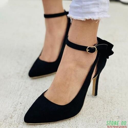 Women Buckle Sexy High Heels 2021 Big Size 43 Womens Pointed Toe Pump Woman Bowtie Footwear Ladies Thin Heel Female Party Shoes