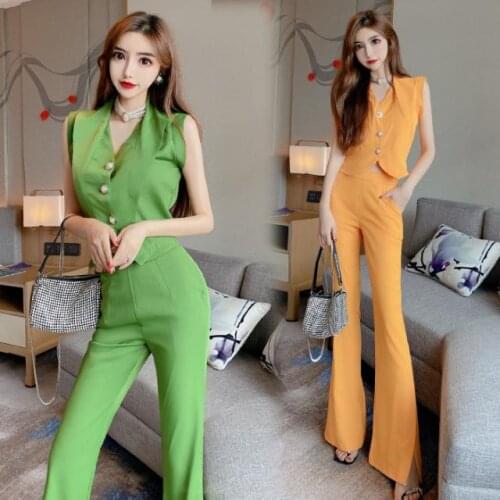 Women 2021 Summer Business Suits Two-Piece Outfits Female Short Sleeve V-Neck Blouse Casual Office Flare Pants Workwear Set B53