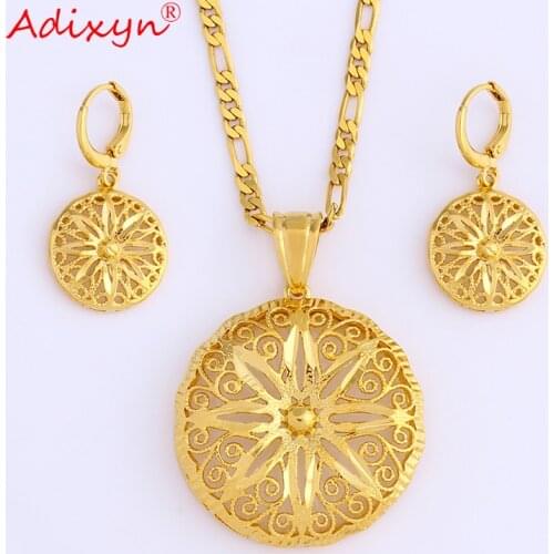 Adixyn Flower Shape Figaro Chain Earring&Pendant Gold Color Ethnic Hollow Jewelry Sets For Women N08237