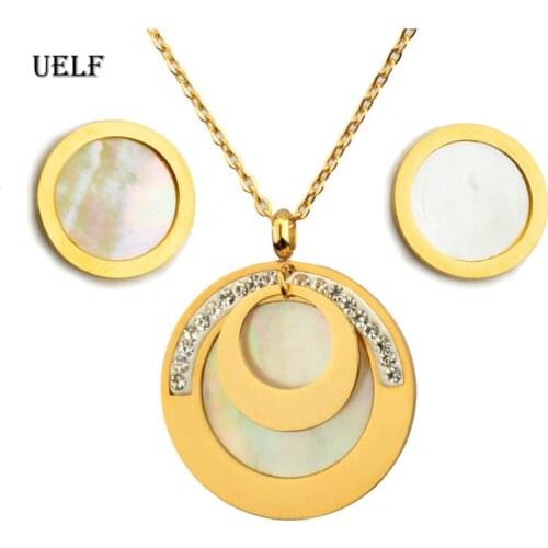 UELF Stainless Steel Jewelry Sets White Shell Round Necklace+Earrings For Women Korean Jewelry