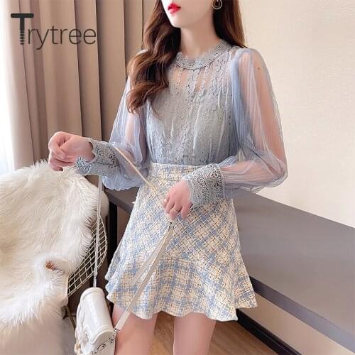 Trytree 2021 Summer Two piece set Casual Lace Mesh Puff Sleeve Shirt + Zip Plaid Ruffled Hem Tweed Mini Skirt Sweet 2 Piece Set