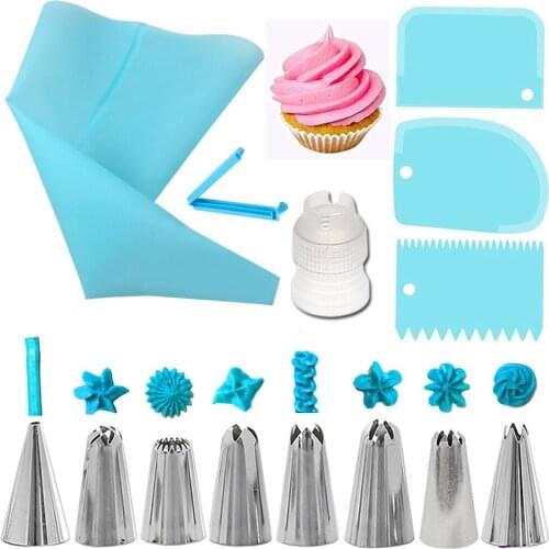 14pcs Cake Decorating Kit Piping Tips Silicone Pastry Icing Bags Nozzles Cream Scrapers Coupler Set DIY Cake Decorating Tools