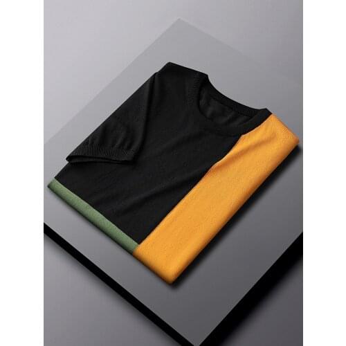 2021 Summer Male Casual Slim Fit Knitted T Shirts Men Fashion Short Sleeve O-Neck Contrast Color Plus Size Pullover Tee Shirt B8