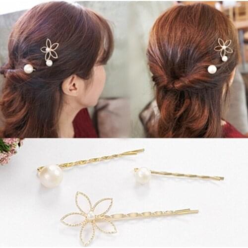 Simulate Pearl Hairpins Hollow Flower Hair Clip Fashion Barrette Charm Women Girls Wedding Party Hair Accessories Gift 3Pcs
