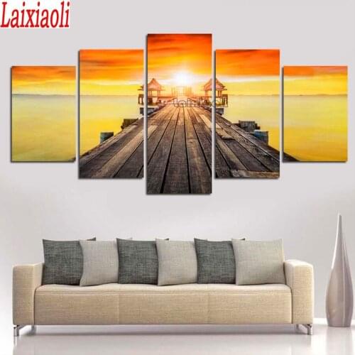 5 Pcs Sea Wood Bridge Sunset Scenery multi picture diamond painting 3d diy handmade,full square round diamond embroidery decor