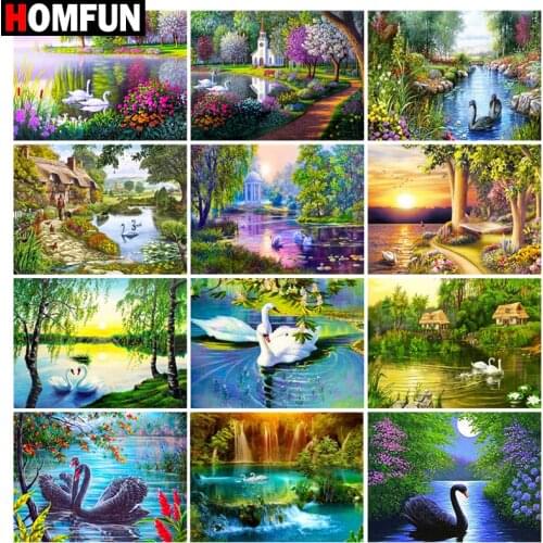 HOMFUN Diamond Painting "Swan forest landscape" Cross Stitch Custom Photo Diamond Embroidery Square Round Drill Home Decor
