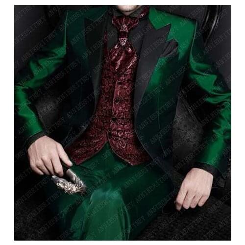 ANNIEBRITNEY Men Wedding Suits Set 2019 Italian Design Custom Satin Green Smoking Tuxedo Jacket 3 Piece Groom Terno Suit For Men