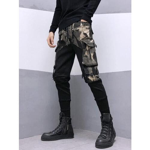 Free shipping Mens Male Fashion European American Trousers Personality Camouflage Stitching Slim Feet Harem Pants Overalls