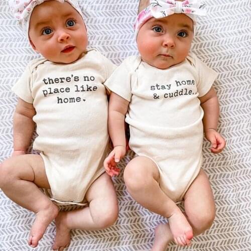 Newborn Infant Baby Boys Girls Bodysuit Twin Sister Twin Brother Cotton Bodysuit Cute Summer Short White Sleeve For Baby 0-24M