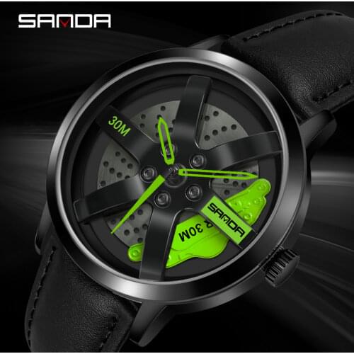 SANDA Fashion Wheel Series Dial Men Watches Waterproof Quartz Movement Wristwatch Casual Leather Watch Relogio Masculino P1075