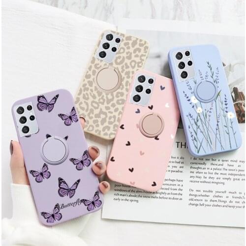 For Samsung Galaxy S21 Plus Ultra 5G Case Flower Silicone Cover For Samsung GalaxyS21 GalaxyS21Plus Magnetic Ring Holder Etui