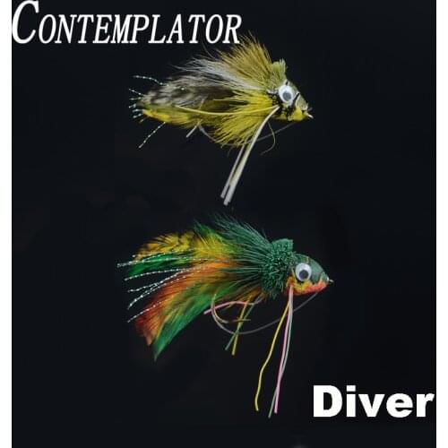 CONTEMPLATOR 1piece Bass Fly 2/0# Deer Hair Frog Diver or Green&Yellow Deer Hair Diver Fly Fishing Trout/Pike/Musky Flies