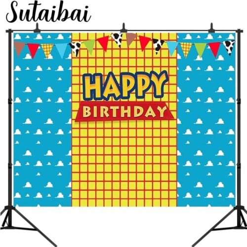 Blue Sky Yellow Lattice Photography Backdrop for Kids Cartoon Birthday Party Banner Western Cowboy Flags Background Photo Booth